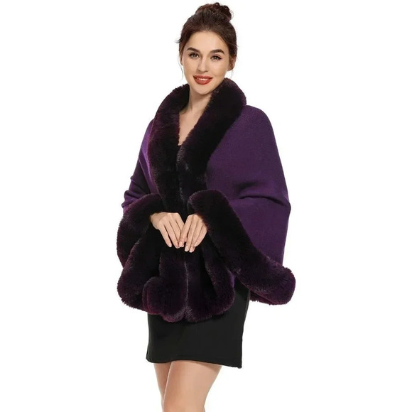 Zlyc Women Winter Faux Fur Shawl Stole Warm Wrap Cape - Purple - Picture 3 of 7